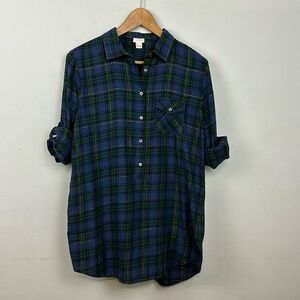J. Crew Style Navy Blue & Dark Green Gold thread Plaid Popover Tunic Shirt Sz S